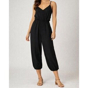 Lulus Black Surplice Cami Jumpsuit XS Elastic Waist Crop Wide Leg Minimal Chic
